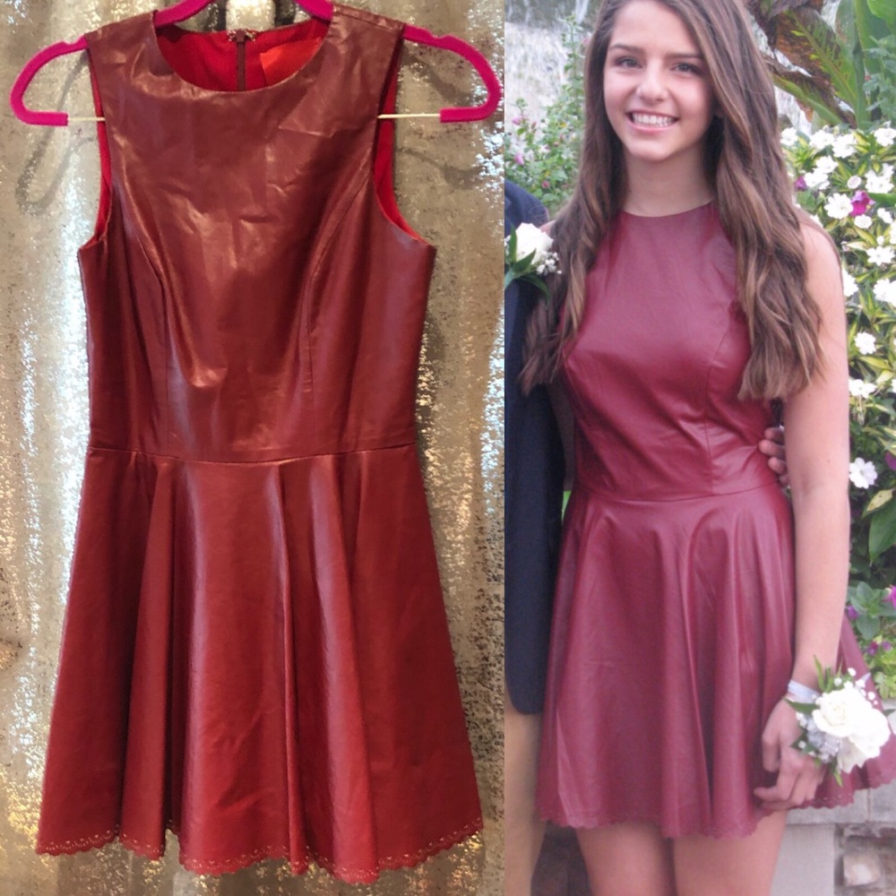 Red leather skater pleated dress